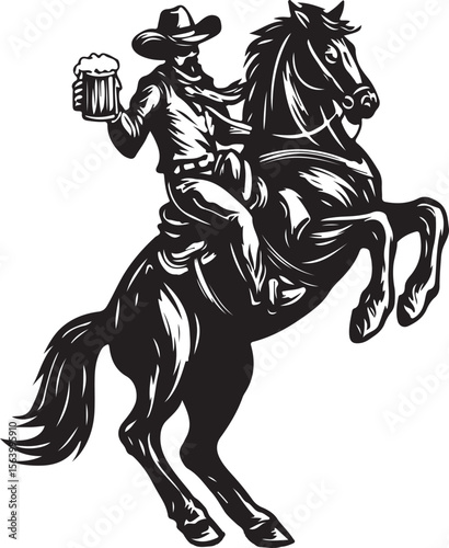 Cowboy on a Bucking Horse Holding a Mug of Beer Silhouette Vector Illustration on Transparent Background