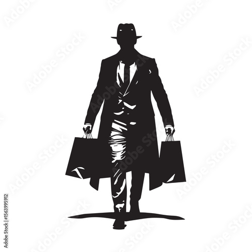 A stylish man in a coat and hat carries shopping bags isolated on white background