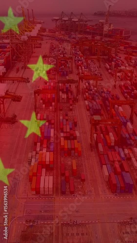 Animation of chinese flag flowing over busy port