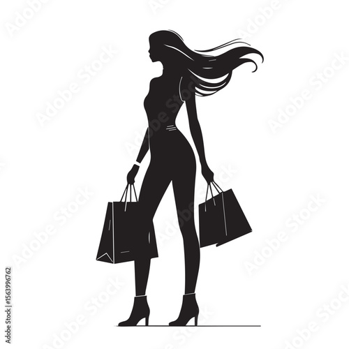 A slender woman with long hair carries shopping bags, isolated on white background