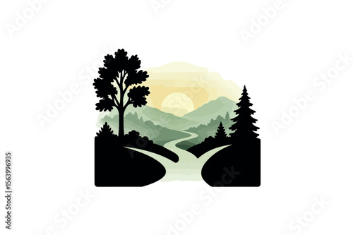 Sunrise Over a Winding River in a Misty Green Valley silhouette on white background.01
