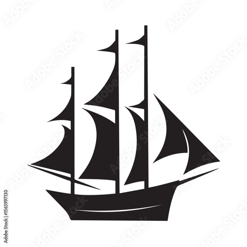 A black silhouette of a sailing ship with three masts isolated on white background