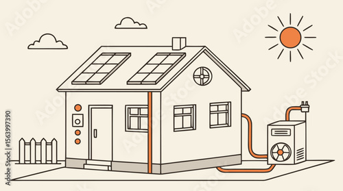 Eco-Friendly House with Solar Panels and Energy System - Vector Illustration