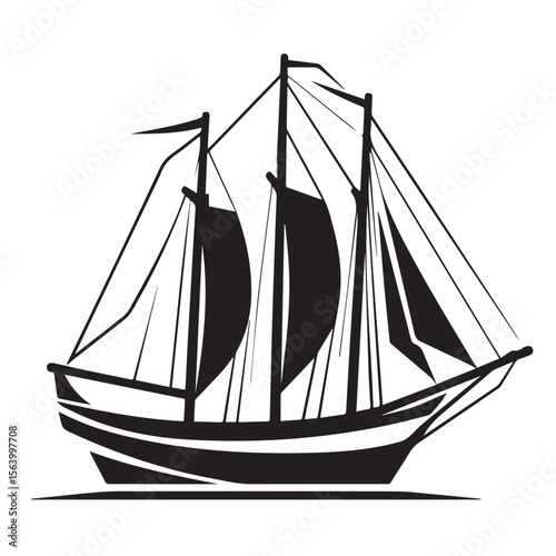 A classic sailboat with billowing sails gliding across the sea, isolated on white background