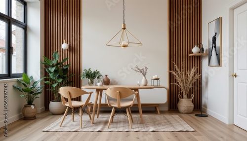 Modern Minimalist Dining Room Interior Design Featuring Wooden Furniture and Natural Elements