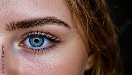 Closeup of a Young Woman's Eye Highlighting Vibrant Blue Iris and Natural Beauty