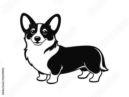 Welsh Corgi (Cardigan) dog silhouette vector illustration, pet clipart, black and white animal shape