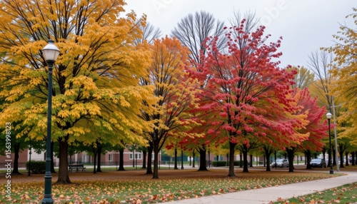 Colorful Autumn Park Scene with Vibrant Foliage and Leaf-Littered Sidewalk in Tranquil Environment