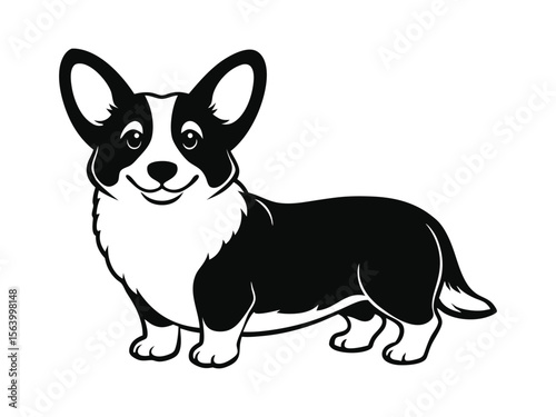 Welsh Corgi (Cardigan) dog silhouette vector illustration, pet clipart, black and white animal shape