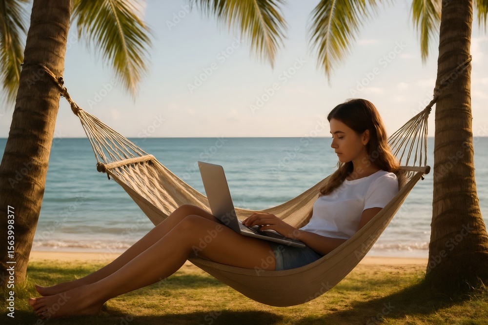 Naklejka premium Young woman working on a laptop while lounging in a hammock on a tropical beach, enjoying the perfect blend of relaxation and productivity