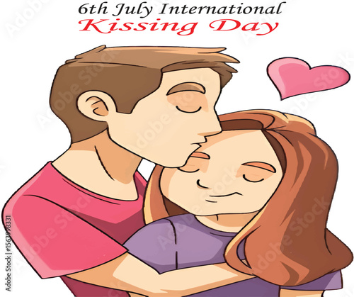 International Kissing Day Romantic Cartoon Love Story Between Adorable Couple.