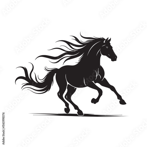 A powerful black horse with a flowing mane is galloping swiftly, isolated on white background