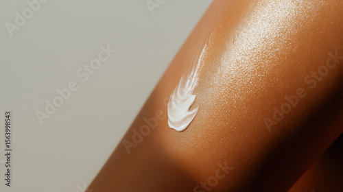 Sunscreen cream on glowing tanned skin with smooth texture. Summer skincare and sun protection closeup