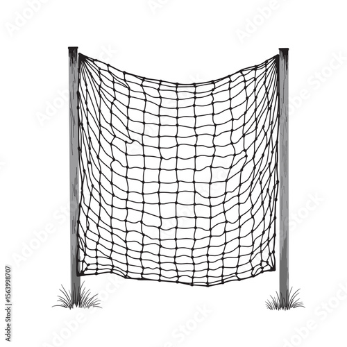 Soccer goal net with wooden posts and grass.  Detailed drawing of soccer net, showing strong knots and sturdy posts. This detailed illustration is perfect for advertising sports equipment 