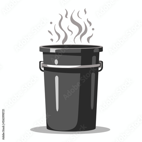 Hot asphalt in black bucket. Fresh asphalt mix steams in container.  Asphalt production concept for construction industry brochures, website banners and marketing materials.