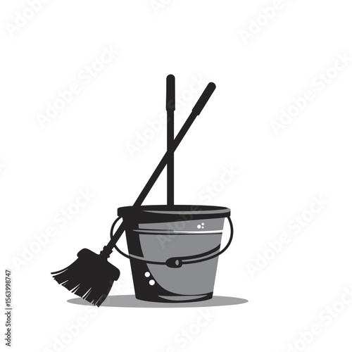 Cleaning supplies bucket with mop and broom. Cleaning equipment includes metal bucket, sturdy mop and broom for efficient cleaning.  This image is perfect for illustrating cleaning supplies for market