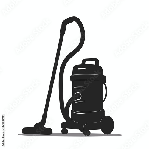 Black silhouette of canister vacuum cleaner with long hose and floor nozzle.  Powerful cleaning tool for home or office use.  Canister vacuum cleaner illustration for cleaning service ads