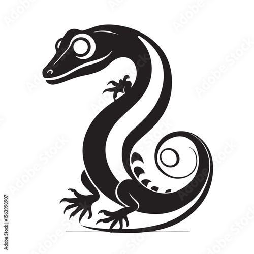 A black and white gecko with a curled tail is isolated on white background