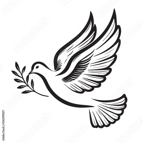 A dove carrying an olive branch flies isolated on white background