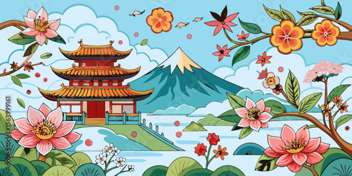 japanese garden with flowers and pagoda