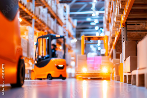 Vast brightly lit warehouse interior with high shelves and industrial logistics setup