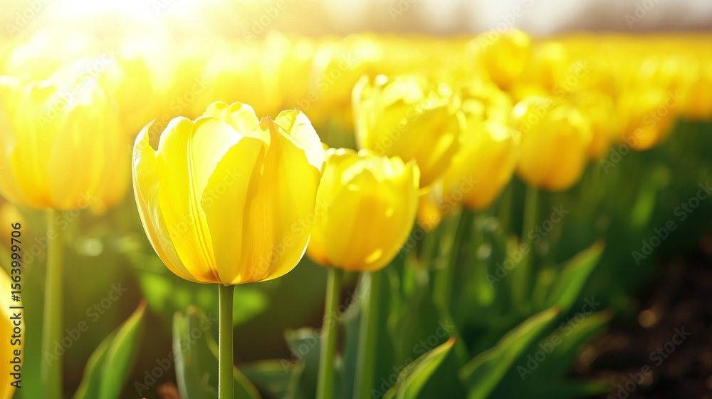 Obraz premium Sunny Yellow Tulip Field A Blooming Spring Landscape, tulips , flowers