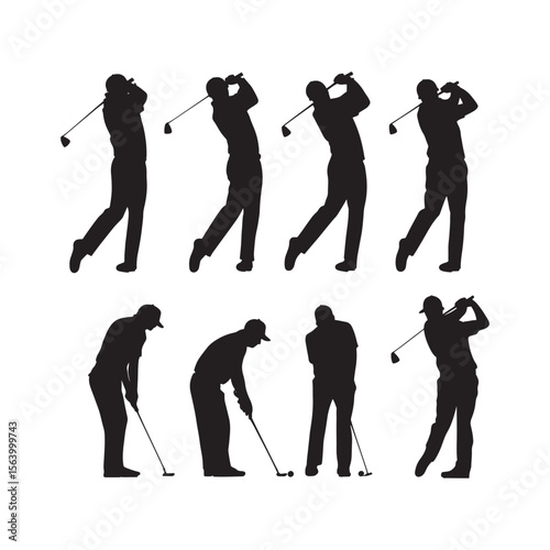 Silhouettes of Golfers Swinging and Putting. Vector Collection of Golf Poses for Sports, Fitness, and Outdoor Activity Concepts