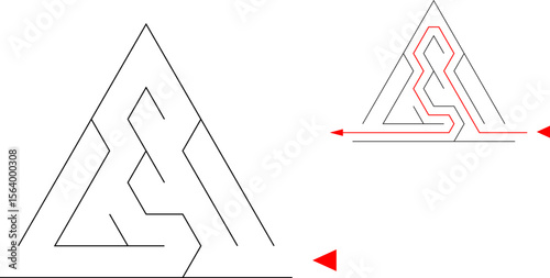 Simple triangular labyrinth with solution. Easy Egyptian pyramid. Black and white vector illustration. Nice brainstorm puzzle for little kids