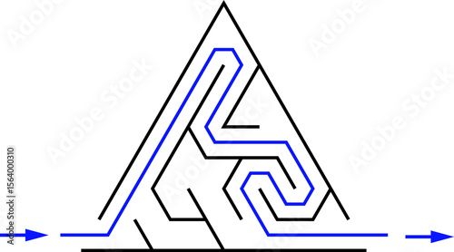 Simple triangular labyrinth with solution. Easy Egyptian pyramid. Black and white vector illustration. Nice brainstorm puzzle for little kids