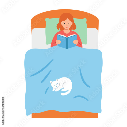 Cozy Reader's Haven: A woman peacefully reads a book in bed, a serene scene enhanced by a comfortable pillow and the gentle presence of a sleeping cat.
