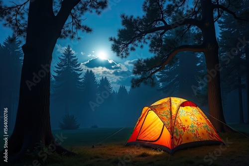 tent in the woods at night, full moon day in the forest