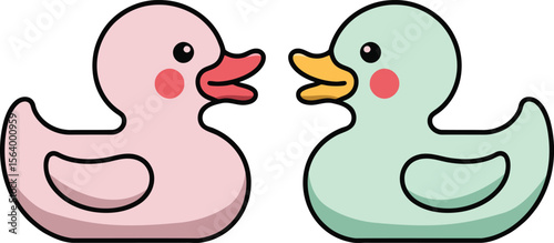 Cute pink and green rubber ducks facing each other with cheerful expressions