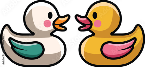 Two adorable cartoon rubber ducks facing each other with cute features