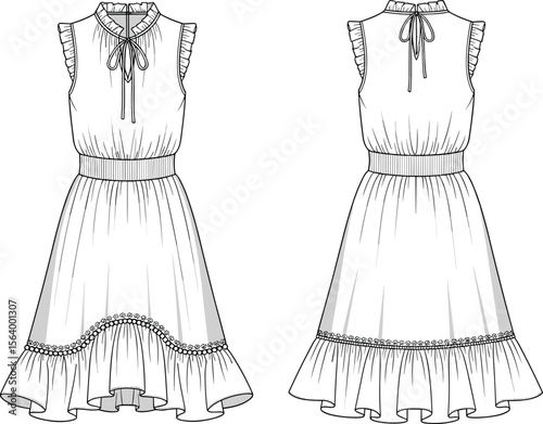 Sleeveless dress sketch, high neckline with ruffle trim, tie closure, elastic waist, floral hem trim, high-low skirt, fashion illustration
