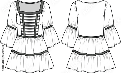 Tiered dress sketch, puffed sleeves, square neckline, gathered cuffs, fitted bodice, striped trim accents, fashion illustration, front back views