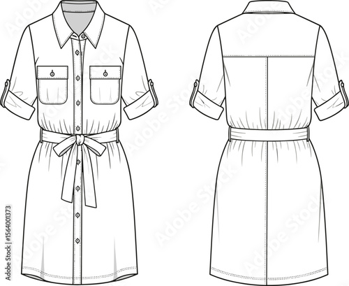 Shirt dress fashion sketch, button-down design, collar style, chest pockets, tie waist, rolled sleeves, back yoke, stylish garment illustration