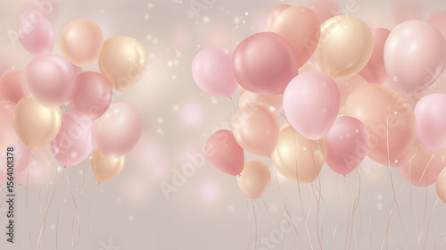 Delicately pink and gold balloons rising on a light background, festive holiday card with space for text