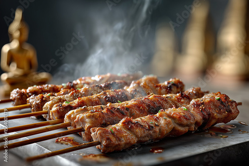 Five succulent, steaming satay skewers, perfectly grilled with visible char marks and glistening sauce, rest on a dark surface, with hints of a gilded Buddha statue in the blurred background.

 photo