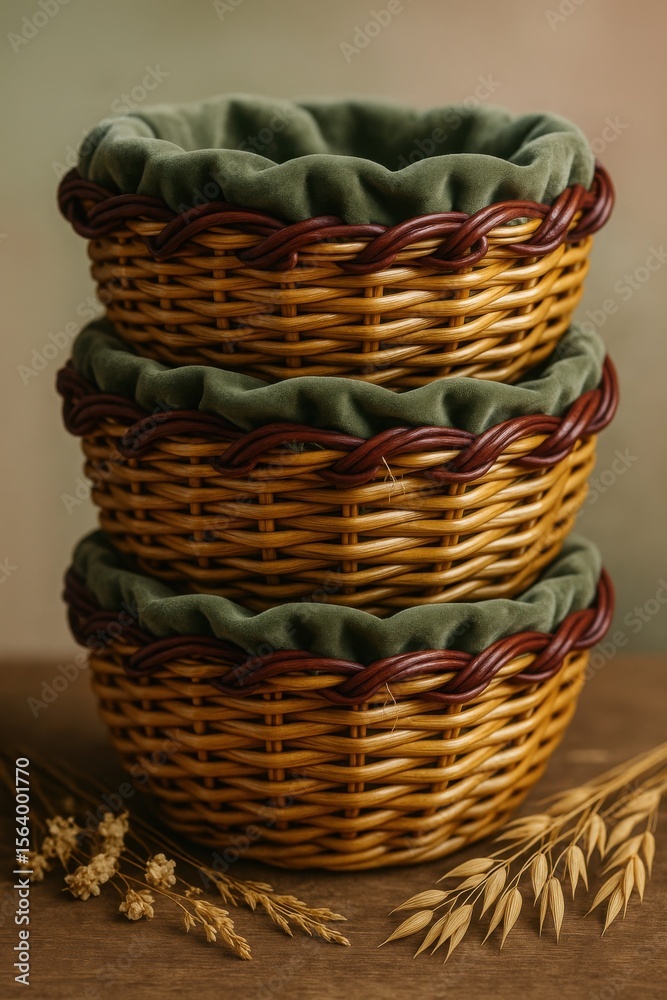 Obraz premium Wicker Basket Stack with Green Fabric Lining and Wheat Stalks on Wooden Table