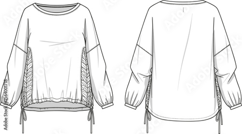 Long-sleeve top sketch, round neckline, dropped shoulders, elastic cuffs, braided side panels, drawstring hem, stylish garment design, fashion illustration