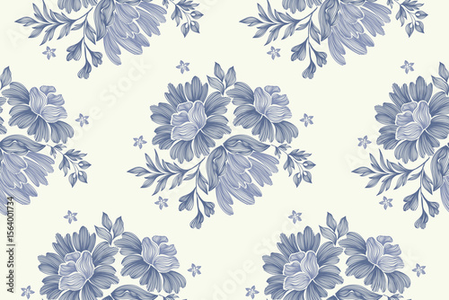 Vintage floral ethnic tapestry modern embroidery texture boho design vector illustration hand drawn silhouette indigo blue flower motif branches leaves wallpaper seamless background border.