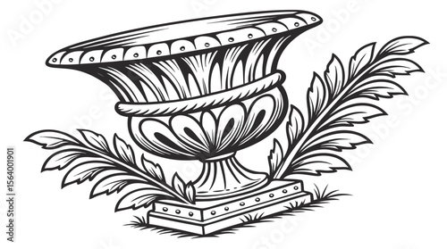 Vintage Ornamental Vase with Leaf Decoration - Black and White Engraving