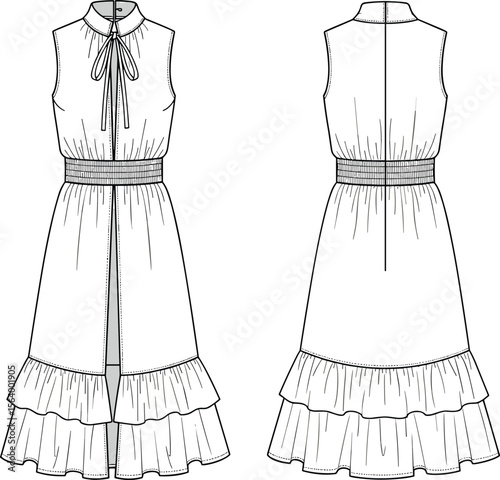 Tiered ruffle dress sketch, sleeveless design, high neckline with tie, buttoned front placket, gathered waistband, fashion illustration, garment drawing
