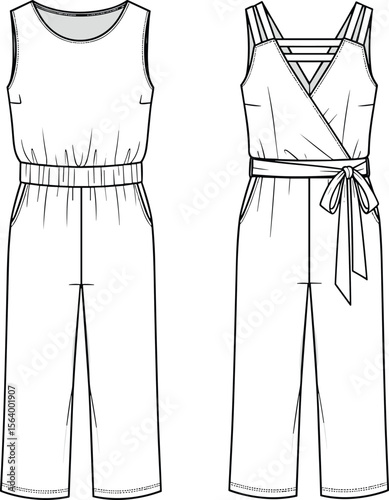 Sleeveless jumpsuit fashion sketch, round neckline, wrap top design, tie belt, elastic waist, cropped wide legs, pocket details, stylish apparel