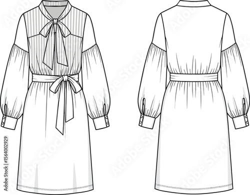 Long-sleeve dress sketch, neck bow tie, striped yoke detail, gathered waist, cuffed sleeves, front and back views, fashion illustration