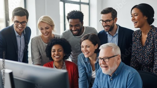 Diverse team laughs together watching a computer screen in a bright office environment, fostering collaboration and positive workplace culture.