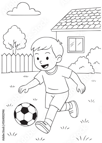 Coloring book boy playing soccer in the yard outside the house.