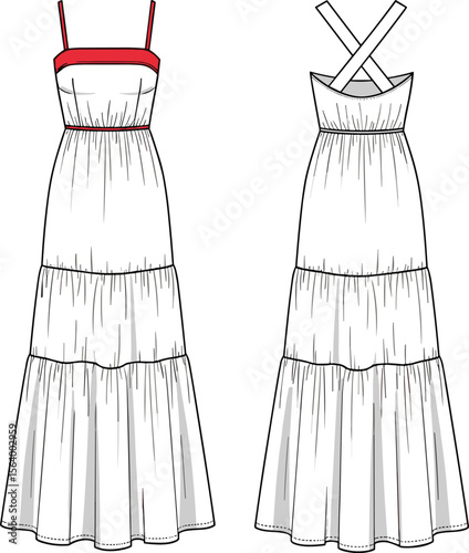 Tiered maxi dress sketch, red strap accents, crisscross back, fitted bodice, flowing skirt, fashion illustration, clothing design, garment drawing