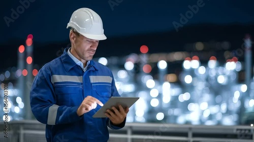 Engineer analyzes real-time system diagnostics via tablet, with digital interface projecting energy consumption trends across industrial networks.