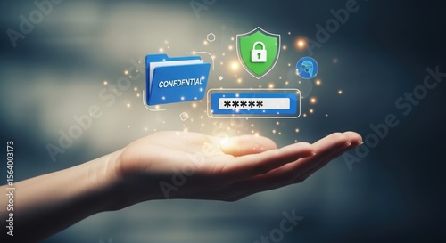Data security over hand isolated on transparent background